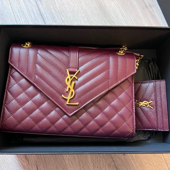 Saint Laurent Monogram Medium Envelope Purse with Matching Card Holder Burgundy - Picture 1 of 9